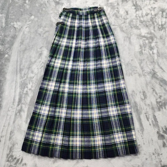Vintage Skirt Women 14 Green Blue Tartan Plaid Wool Pleated Maxi Buckle Pin Kilt
